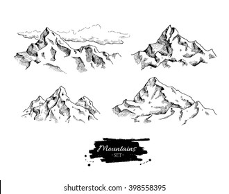 Vector mountains drawing set. Hand drawn illustrations. Great for travel, hiking, tourism, trekking business promoting.