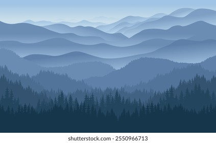 Vector mountains evening landscape with fog