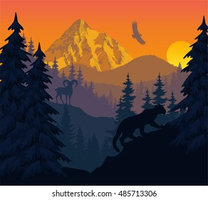 vector mountains evening landscape with puma and goat