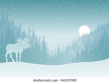 vector mountains forest background with moose