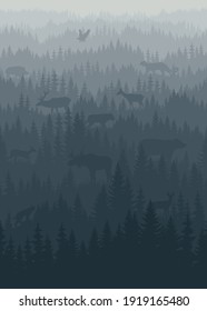 vector mountains forest background texture seamless pattern with animals: eagle, puma, bear, lynx, moose, wolf, deer, boar.