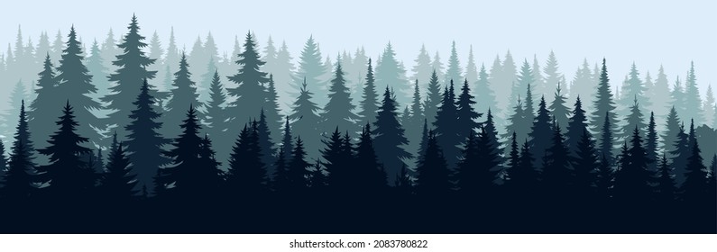 Vector mountains forest background texture, silhouette of coniferous forest, vector. Winter season trees covered in snow, spruce, fir. Horizontal landscape.