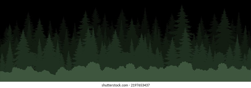 Vector mountains forest background texture, silhouette of coniferous forest, vector. Night trees, spruce, fir. Horizontal landscape layered.