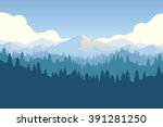 Vector mountains and forest landscape early in a daylight. Beautiful geometric illustration.