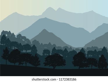 Vector mountains and forest landscape early in a daylight. Beautiful geometric illustration. EPS