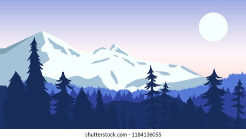 Vector mountains and forest landscape early in a daylight. 
