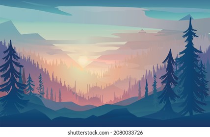 Vector. Mountains And Forest Landscape In Early Daylight. Beautiful Geometric Illustrations.