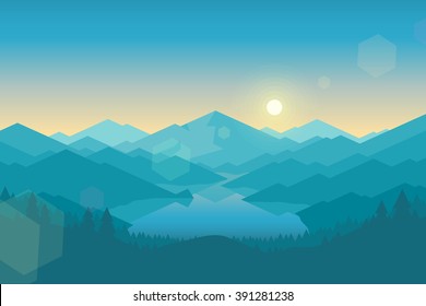 Vector mountains and forest landscape early in the morning. Beautiful geometric illustration.