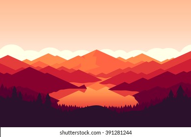 Vector mountains and forest landscape early on the sunset. Beautiful geometric illustration.