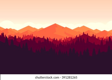 Vector mountains and forest landscape early on the sunset. Beautiful geometric illustration.