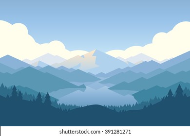 Vector mountains and forest landscape early in a daylight. Beautiful geometric illustration.