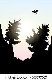Vector mountains and forest landscape early on the sunset.