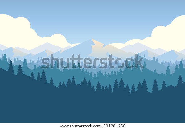 夏の早い時期にベクター画像の山と森の風景 美しい幾何学イラスト のベクター画像素材 ロイヤリティフリー