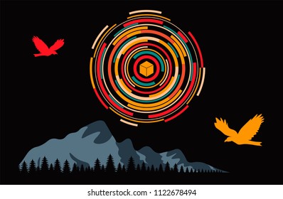 Vector mountains and forest landscape, Flying Eagle early on the geometric sunset. Geometric illustration.