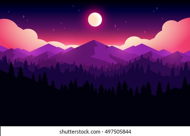 Vector mountains and forest landscape in the night. Beautiful geometric illustration.