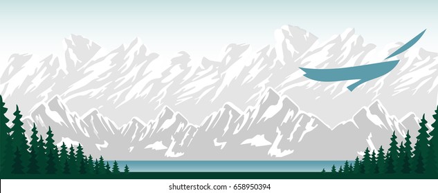 Vector mountains and forest landscape. Panorama vector illustration of mountain ridges. The flight of a bird over the lake 