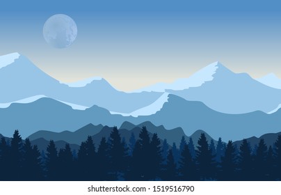 Vector mountains and forest landscape pine trees with blue sky and moon