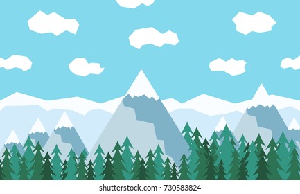 Vector mountains, forest landscape and sky with clouds. Beautiful geometric flat illustration.