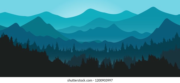 Vector Mountains And Forest Panorama Landscape In Evening Blue Sky