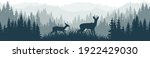 vector mountains forest woodland background texture seamless pattern with Roe deers