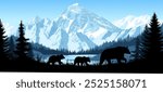 vector mountains forest woodland background with lake and black bear family