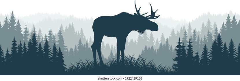 vector mountains forest woodland background texture seamless pattern with moose bull