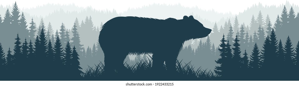 vector mountains forest woodland background texture seamless pattern with brown grizzly bear