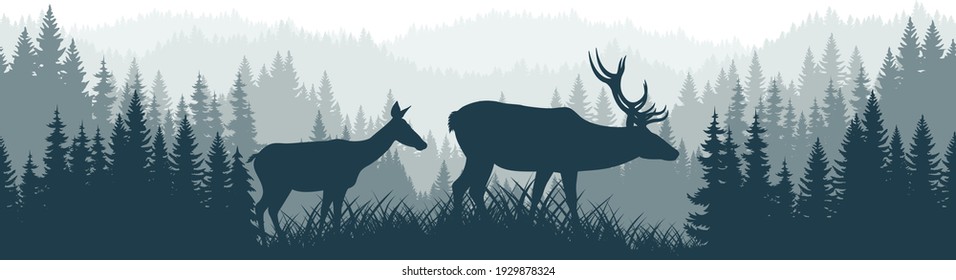 vector mountains forest woodland background texture seamless pattern with couple of white tailed deers