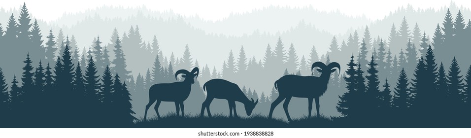 vector mountains forest woodland background texture seamless pattern with Bighorn sheeps family