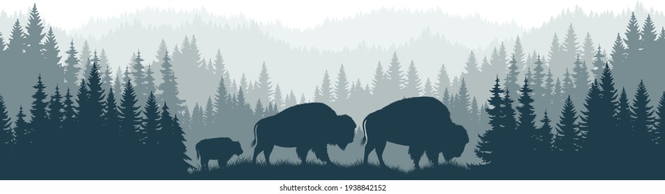 vector mountains forest woodland background texture seamless pattern with family of brown zubr buffalo bisons with kid