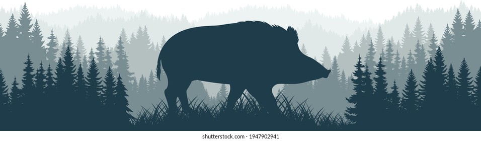 vector mountains forest woodland background texture seamless pattern with wild hog boar mascot