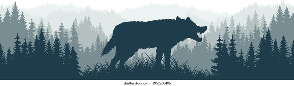 vector mountains forest woodland background texture seamless pattern with gray wolf