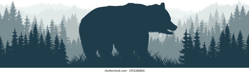 vector mountains forest woodland background texture seamless pattern with brown grizzly bear