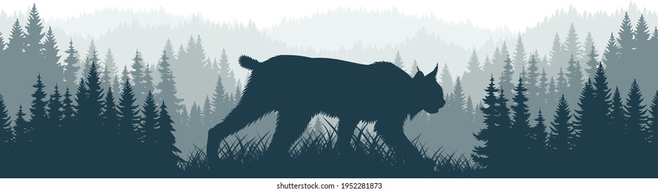 vector mountains forest woodland background texture seamless pattern with wild bobcat lynx