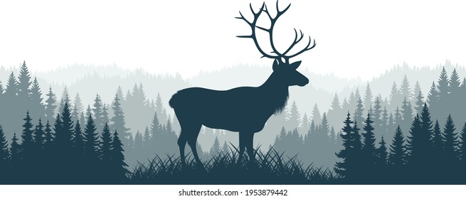 vector mountains forest woodland background texture seamless pattern with  raindeer caribou