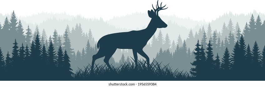 vector mountains forest woodland background texture seamless pattern with Roe deer