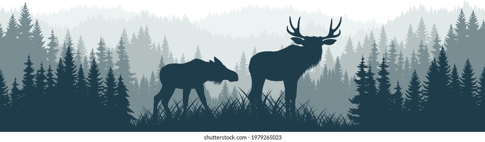 vector mountains forest woodland background texture seamless pattern with couple of moose family