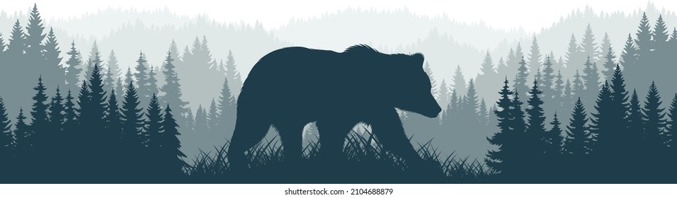 vector mountains forest woodland background texture seamless pattern with black bear