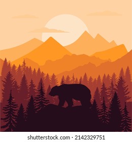vector mountains forest woodland background texture seamless pattern with brown grizzly bear EPS