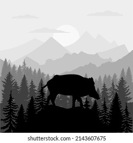 vector mountains forest woodland background silhouettes texture with wild hog boar mascot EPS