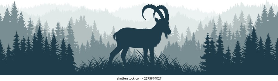 textura de fondo de bosque de las montañas vectoriales sin fisuras con ibex alpino