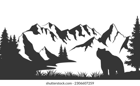 vector mountains forest woodland background texture seamless pattern with brown grizzly bear