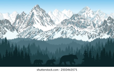 vector mountains forest woodland background texture seamless pattern with black bear family	