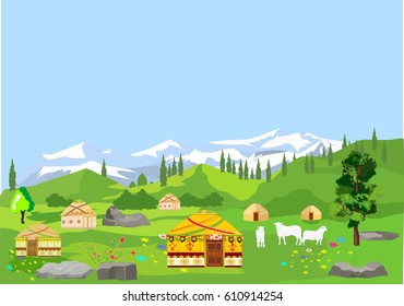 Vector mountains and green alpen with jurts in Kazakhstan valley.