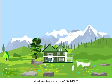 Vector mountains and green alpen valley. Green pretty house, sheeps.