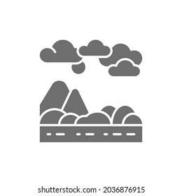 Vector mountains and hills landscape grey icon.