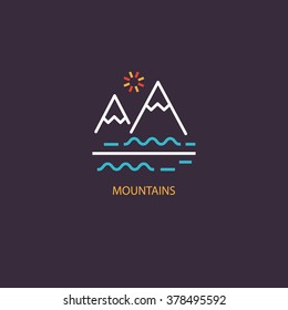 Símbolo de icono de las montañas vectoriales. Logotipo de estilo de línea aislado en fondo oscuro y fácil de usar. Logotipo perfecto para su negocio. Símbolos limpios y minimalistas.  
