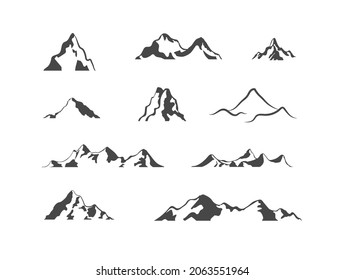 Vector mountains, icons set isolated on white background, mountains shapes, different hills, ranges and tops.