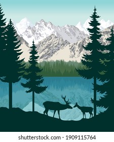 vector mountains with lake and couple of white tailed deers