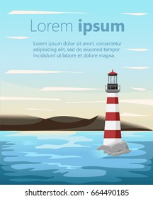 Vector mountains, lake Summer landscape with flat sea beacon on the horizon. Tourist cruise on the sea vessel. The space for the text for the brochure or website
